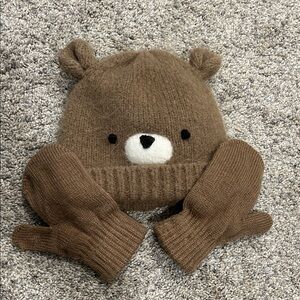 Brown Bear Knit Hat and Mittens Set